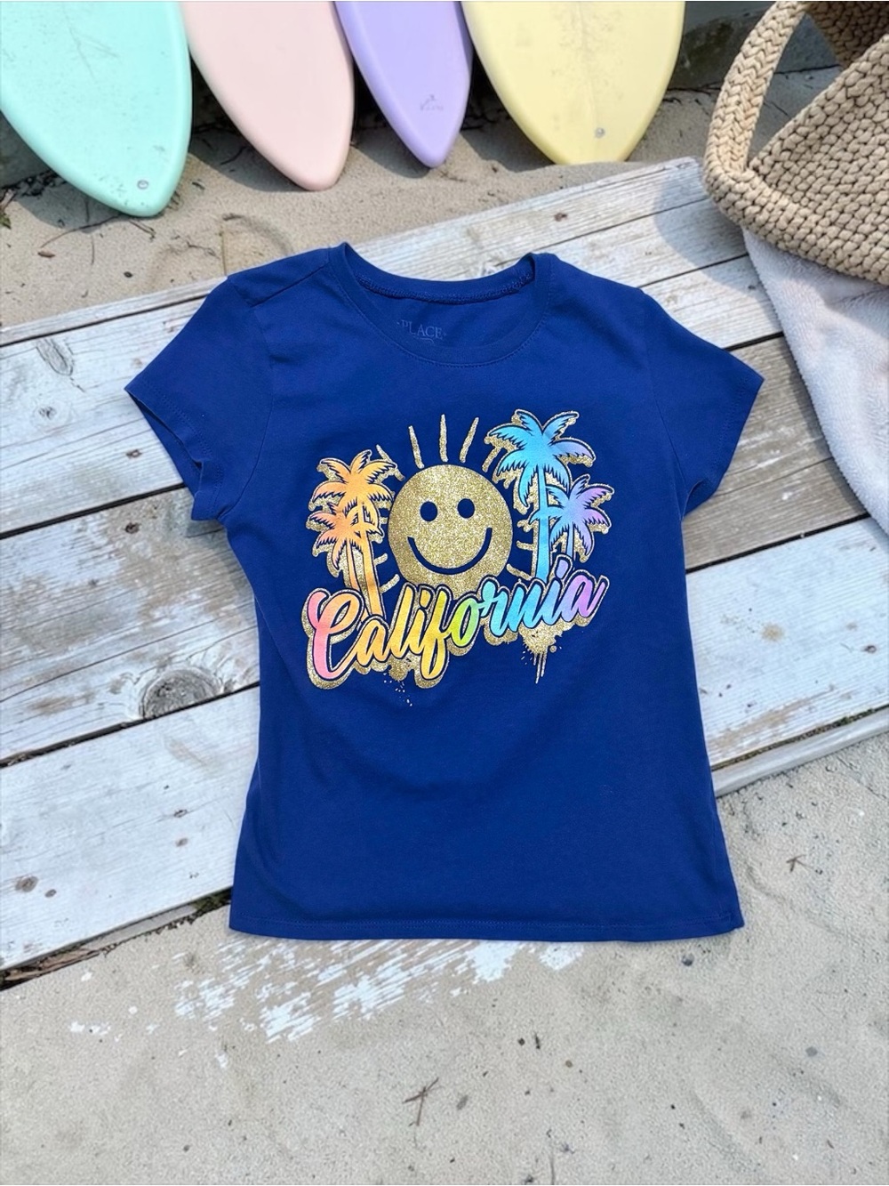 The Children’s Place Girls California Glitter Palm Tree Tee Royal Blue 7/8